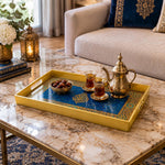 Ramadan Plastic Serving Tray – Gold on Green Script plastic serving tray shown in a rectangular styled scene.