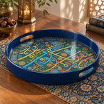 Ramadan Plastic Serving Tray – Navy and Gold Script plastic serving tray shown in a round product view.