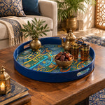 Ramadan Plastic Serving Tray – Navy and Gold Script plastic serving tray shown in a round styled scene.