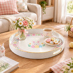 Easter Decorative Serving Tray – Grey Blue Folk Egg plastic serving tray shown in a round styled scene.