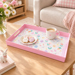 Easter Decorative Serving Tray – Pink Folk Egg Medallion plastic serving tray shown in a rectangular styled scene.