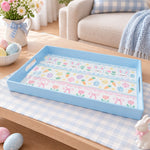 Easter Decorative Serving Tray – Blue Folk Floral Medley plastic serving tray shown in a rectangular product view.