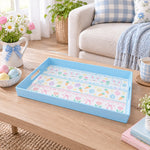 Easter Decorative Serving Tray – Blue Folk Floral Medley plastic serving tray shown in a rectangular styled scene.