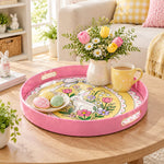 Easter Decorative Serving Tray – Pink Folk Bloom Medley plastic serving tray shown in a round styled scene.