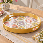 Easter Decorative Serving Tray – Gold Folk Bloom Medley plastic serving tray shown in a round product view.