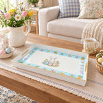 Easter Decorative Serving Tray – Gold Egg Blue Bloom plastic serving tray shown in a rectangular styled scene.