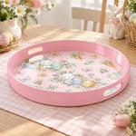 Easter Decorative Serving Tray – Silver Folk Medley plastic serving tray shown in a round product view.