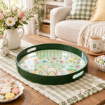 Easter Decorative Serving Tray – Pink Egg Border Ring plastic serving tray shown in a round styled scene.