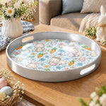 Easter Decorative Serving Tray – Green Folk Leaf Border plastic serving tray shown in a round product view.