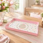 Easter Decorative Serving Tray – Blue Egg Border Ring plastic serving tray shown in a rectangular styled scene.
