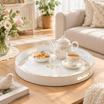 Easter Decorative Serving Tray – Gold Folk Floral Egg plastic serving tray shown in a round styled scene.