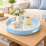 Easter Decorative Serving Tray – Cream Egg Border Ring plastic serving tray shown in a round styled scene.