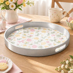 Easter Decorative Serving Tray – Blue Folk Egg Field plastic serving tray shown in a round product view.