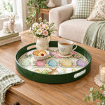 Easter Decorative Serving Tray – Pastel Egg Row with Bunny plastic serving tray shown in a round styled scene.