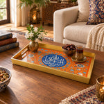 Ramadan Plastic Serving Tray – Blue Calligraphy Gold plastic serving tray shown in a rectangular styled scene.