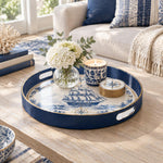 Ramadan Plastic Serving Tray – Navy and White Pattern plastic serving tray shown in a round styled scene.
