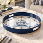 Ramadan Plastic Serving Tray – Navy and White Pattern plastic serving tray shown in a round product view.