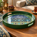 Ramadan Plastic Serving Tray – Green and Blue Script plastic serving tray shown in a round product view.