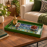 Ramadan Plastic Serving Tray – Green and Blue Script plastic serving tray shown in a rectangular styled scene.