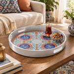 Ramadan Plastic Serving Tray – Silver Blue Medallions plastic serving tray shown in a round styled scene.