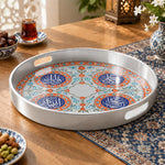 Ramadan Plastic Serving Tray – Silver Blue Medallions plastic serving tray shown in a round product view.