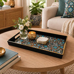 Ramadan Plastic Serving Tray – Black Teal Medallion plastic serving tray shown in a rectangular styled scene.