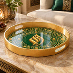 Ramadan Plastic Serving Tray – Gold Script Green Keyline plastic serving tray shown in a round product view.