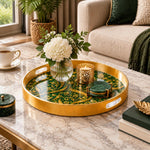 Ramadan Plastic Serving Tray – Gold Scale Pattern Field plastic serving tray shown in a round styled scene.