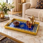 Ramadan Plastic Serving Tray – Blue Gold Script Band plastic serving tray shown in a rectangular styled scene.
