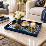 Ramadan Plastic Serving Tray – Navy Gold Arabesque Allover plastic serving tray shown in a rectangular styled scene.