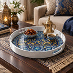 Ramadan Plastic Serving Tray – Blue Medallion Gold Sprays plastic serving tray shown in a round styled scene.
