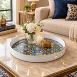 Ramadan Plastic Serving Tray – Blue Gold Tulip Arabesque plastic serving tray shown in a round styled scene.