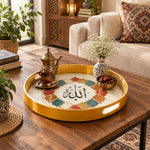 Ramadan & Eid al-Fitr Plastic Serving Tray – Gold Calligraphy Centre plastic serving tray shown in a round styled scene.