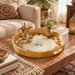 Ramadan & Eid al-Fitr Plastic Serving Tray – Calligraphy Emblem Border plastic serving tray shown in a round styled scene.