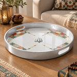 Ramadan & Eid al-Fitr Plastic Serving Tray – Blush Geometric Medallion plastic serving tray shown in a round product view.