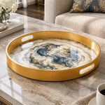 Wedding Plastic Serving Tray – Navy Gold Swirl Marble plastic serving tray shown in a round product view.