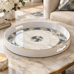 Wedding Plastic Serving Tray – Navy Medallion Marble Border plastic serving tray shown in a round product view.