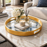 Wedding Plastic Serving Tray – Blue Marble Gold Vein plastic serving tray shown in a round styled scene.