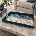 Wedding Plastic Serving Tray – Deep Blue Drift Marble plastic serving tray shown in a rectangular product view.