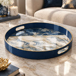 Wedding Plastic Serving Tray – Deep Blue Drift Marble plastic serving tray shown in a round product view.
