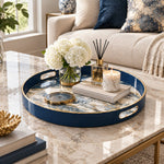 Wedding Plastic Serving Tray – Deep Blue Drift Marble plastic serving tray shown in a round styled scene.