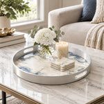 Wedding Plastic Serving Tray – Pale Grey Vein Marble plastic serving tray shown in a round styled scene.