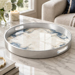 Wedding Plastic Serving Tray – Pale Grey Vein Marble plastic serving tray shown in a round product view.