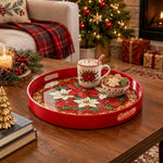 Christmas Plastic Serving Tray – Red Poinsettia Medallion plastic serving tray shown in a round styled scene.