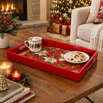 Christmas Plastic Serving Tray – Red Poinsettia Medallion plastic serving tray shown in a rectangular styled scene.