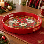 Christmas Plastic Serving Tray – Red Poinsettia Medallion plastic serving tray shown in a round product view.