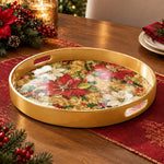 Christmas Plastic Serving Tray – Gold Poinsettia Field plastic serving tray shown in a round product view.