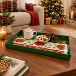 Christmas Plastic Serving Tray – Ribbon Banded Poinsettia plastic serving tray shown in a rectangular styled scene.