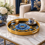 Ramadan & Eid al-Fitr Plastic Serving Tray – Blue Peony Gold Vine plastic serving tray shown in a round styled scene.