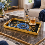 Ramadan & Eid al-Fitr Plastic Serving Tray – Blue Peony Gold Vine plastic serving tray shown in a rectangular styled scene.